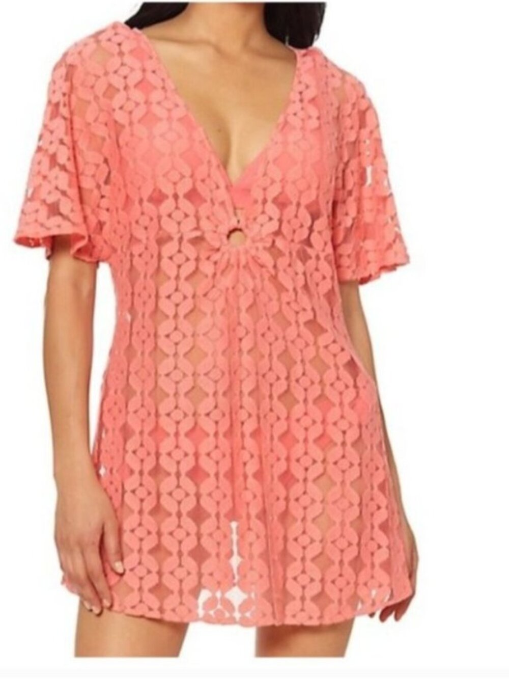 Jessica Simpson Swim Cover Up L O-Ring Crochet Lace Kaftan Dress Pink Sheer NEW